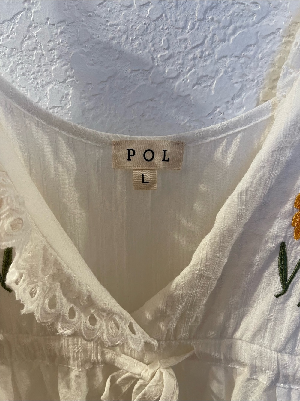 POL White Eyelet V-Neck Tank with Yellow Floral Embroidery - Picture 3 of 6